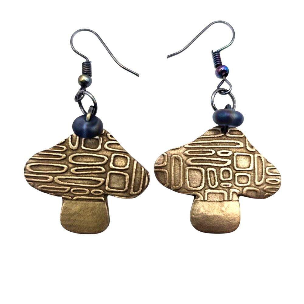 Handmade Bronze Mushroom Earrings MCM Pattern Aurora Borealis Bead